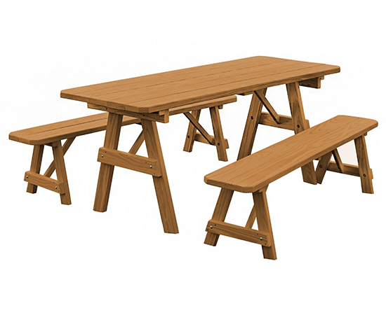 Picnic table with detached benches allowing flexible seating arrangements and easier cleaning around the table